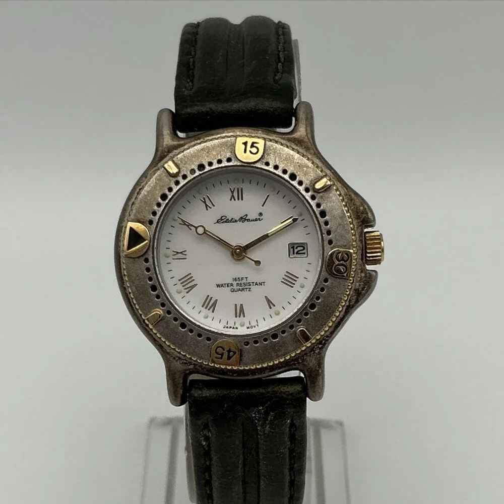 Vintage Eddie Bauer V102 Womens Watch 28mm White Dial Green Leather New Battery